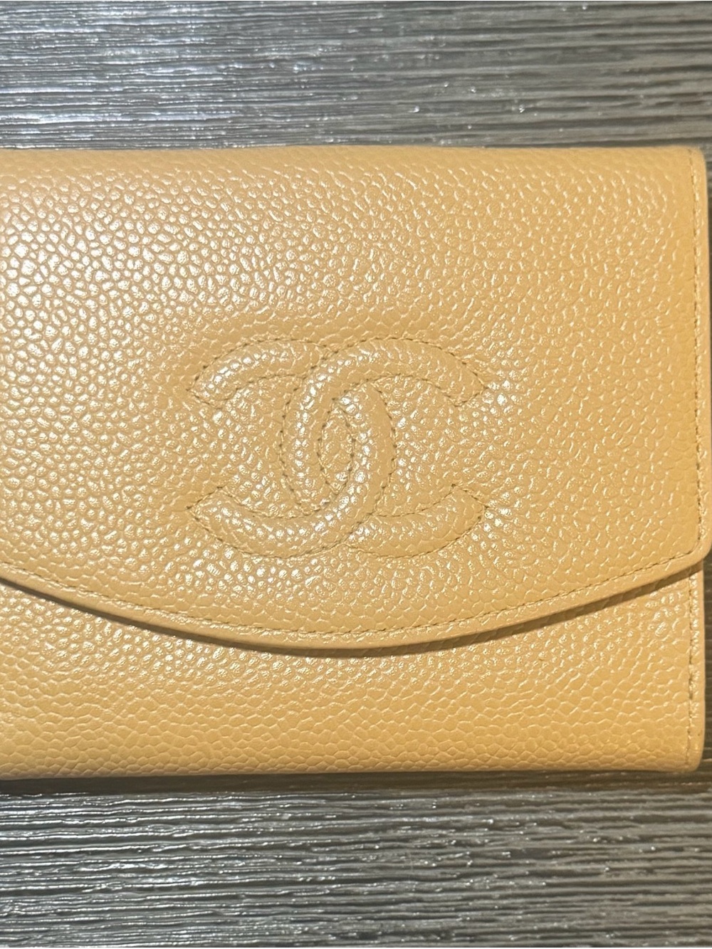 CHANEL Mustard Yellow Caviar Leather Wallet with Embossed CC